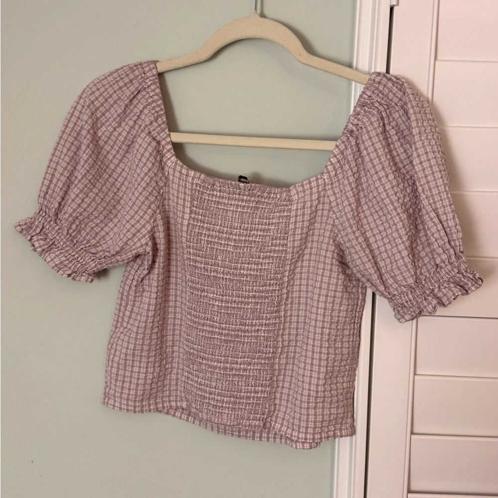 Madewell Blush Gingham Puff Sleeve Top XXS Smocked Cottagecore Blouse - Picture 7 of 7
